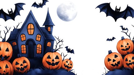 A Halloween haunted house looms, surrounded by jack-o�-lanterns and flying bats in a watercolor dream.