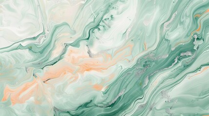 Abstract mint green backdrop with marbled peach and silver paint creating a smooth airy design