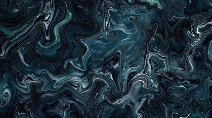 Dark navy backdrop with contrasting silver and green marbled paint presenting a bold abstract design