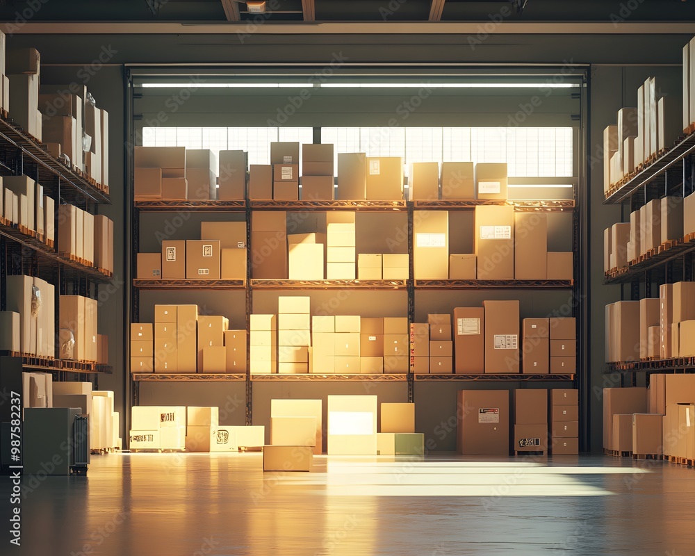 Aufkleber a spacious warehouse filled with neatly arranged boxes, illuminated by natural light streaming throu