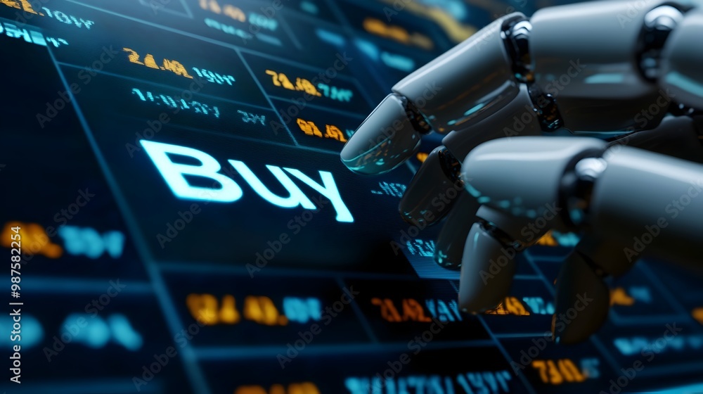 Poster futuristic robot hand pressing a digital buy button on a high tech trading interface showcasing the 