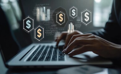 Business professional using online tax software with financial icons and digital interface on laptop