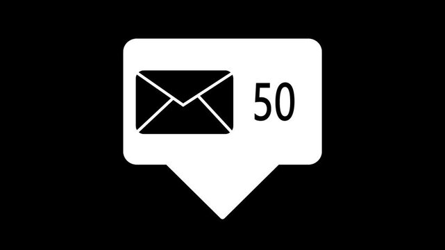 Social media notification message and mail counting number 0 to 100 animation on white background.