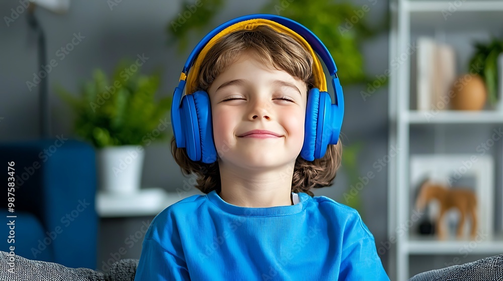 Wall mural a happy little boy listens to music, headphones wrapped around him as he smiles.