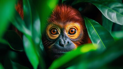 Fototapeta premium A red-headed monkey peeks through lush green leaves, hidden in the rainforest's depths.
