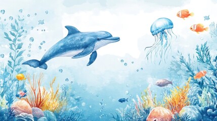 Fototapeta premium Under-the-sea birthday and baby shower invitation with blue watercolor fish and coral.
