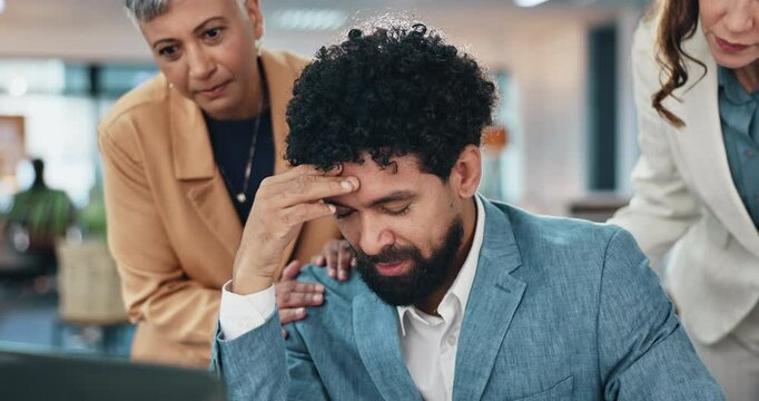 Feedback, project management and stress with business people in office together for online report. Collaboration, frustration and review with employee team in corporate workplace for report or review