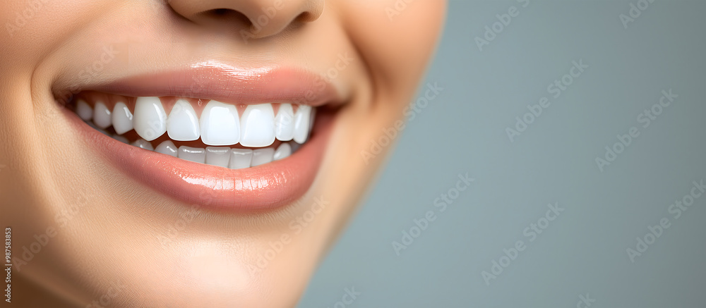 Wall mural closeup of a smiling woman with white healthy teeth. dental health and oral care background with cop