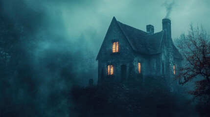 Spooky Halloween night scene with bats, haunted house, fog, and eerie atmosphere.