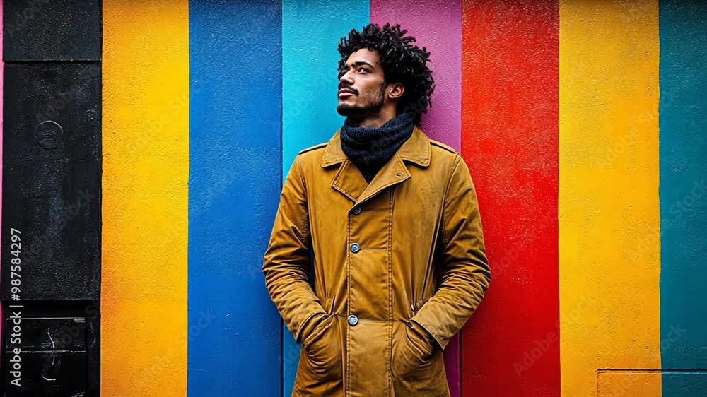 Aufkleber man poses confidently in front of a colorful striped wall generative ai