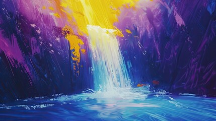 High-energy abstract background with yellow and purple showing a scenic waterfall