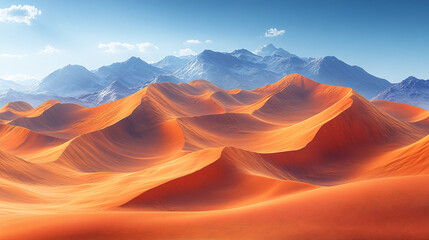 Naklejka premium Golden desert dunes under a blue sky, mountain horizon.