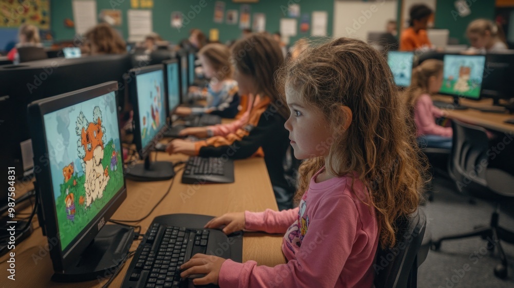 Aufkleber elementary students learning coding, digital literacy in nurturing setting.