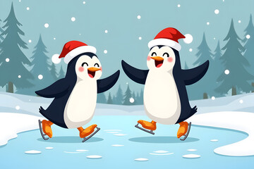 Fototapeta premium Two cheerful penguins wearing Christmas hats ice skating together on a frozen pond 