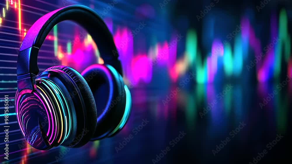 Poster headphones against a dark background with luminous sound waves in multiple colors, symbolizing the i