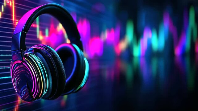 Headphones against a dark background with luminous sound waves in multiple colors, symbolizing the immersive nature of music and audio tech