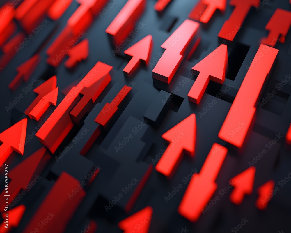 Poster abstract composition of red arrows pointing upward on a dark background, symbolizing growth and prog