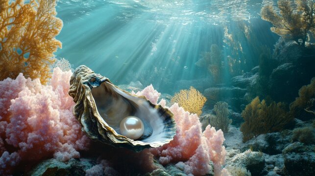 A serene underwater scene with an open oyster revealing a gleaming pearl, surrounded by soft coral and marine life in a natural environment.