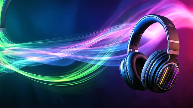 Headphones with flowing, colorful sound waves encircling them, representing rich audio quality and innovative music technology