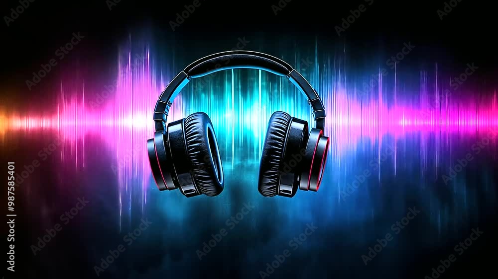 Poster high-definition headphones with pulsating sound waves in a spectrum of colors, symbolizing the fusio