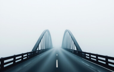 Obraz premium A stunning view of a bridge disappearing into a misty background, evoking a sense of mystery and tranquility.