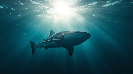 Fototapeta premium A serene underwater shot of a whale shark cruising through the ocean depths, with soft sunlight creating a peaceful and magical ambiance