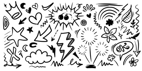 Hand drawn marker simple elements set. Doodle pen signs and effects. Simple thunderbolt, star, glitter, icons, heart, floral objects. Decorative pencil curved symbols and shape. 