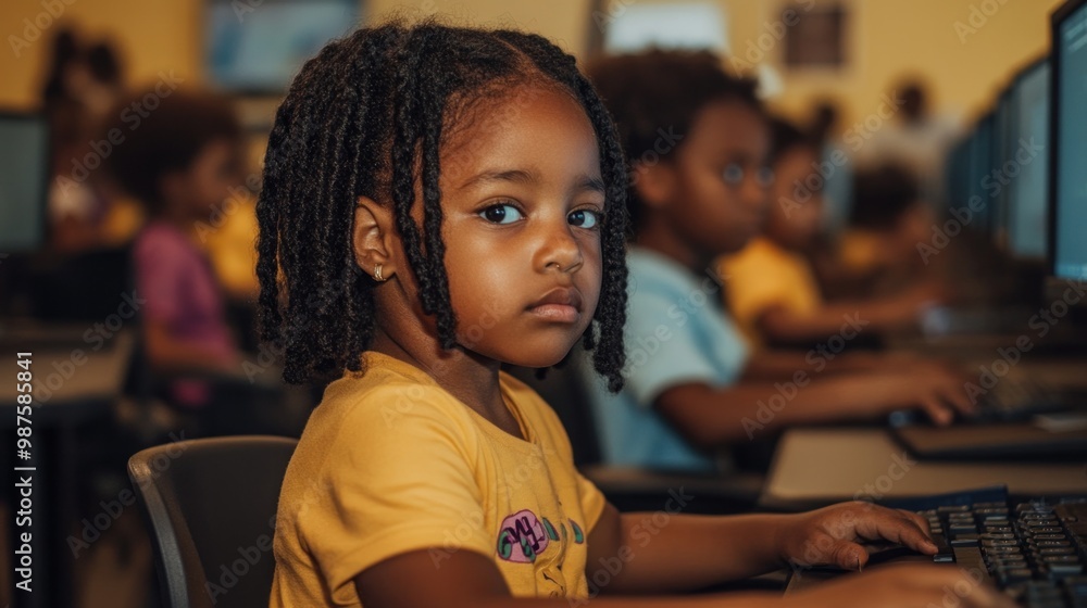 Aufkleber elementary students learning coding, computer skills in supportive classroom.