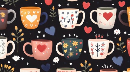 Ceramic coffee cups and tea mugs pattern, vintage Scandinavian pottery, cafe backdrop.
