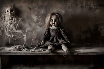 A creepy doll sitting on a dusty shelf in an old abandoned house with cobwebs and shadowy figures, Ai Generated