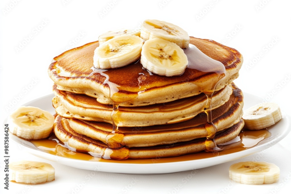 Poster Stack of banana pancakes topped with sliced bananas and maple syrup on solid white background, single object