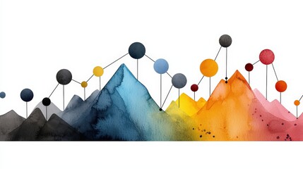 Colorful watercolor mountains with geometric data points, blending art and analytics for vibrant presentations and visual storytelling.