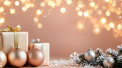Festive holiday scene featuring beautifully wrapped gifts, shimmering ornaments, and frosted pine branches with a bokeh background
