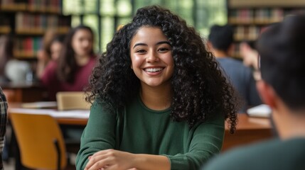 Happy students discussing in college library, supportive academic setting.