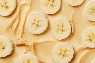 Sliced banana with creamy peanut butter spread on a solid white background, detailed texture