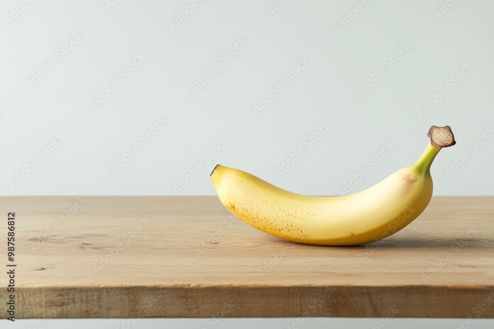 Poster single banana resting on a wooden table with natural grain, on a solid white background