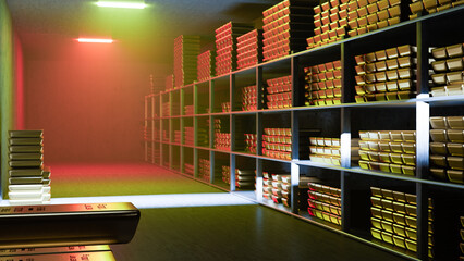 Generic gold reserve vault with stacks of gold bars. Bank vault with gold and cash. 3d rendering