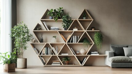 A set of modular shelving units arranged in a geometric pattern, displaying a combination of books, plants, and decorative pieces in a stylish living area.