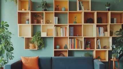 A set of modular shelving units arranged in a geometric pattern, displaying a combination of books, plants, and decorative pieces in a stylish living area.