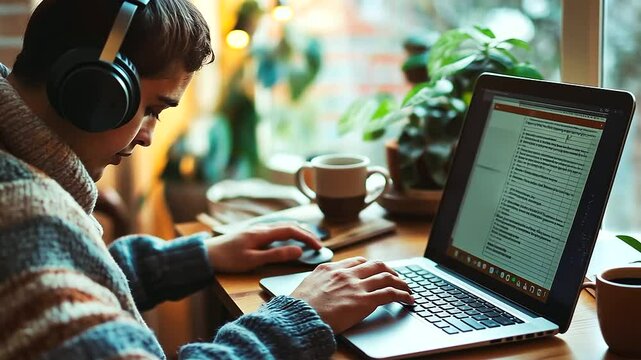 A person wearing headphones, deeply engaged in note-taking while working on a laptop, with a minimalist desk setup and a cup of coffee, representing a productive morning routine