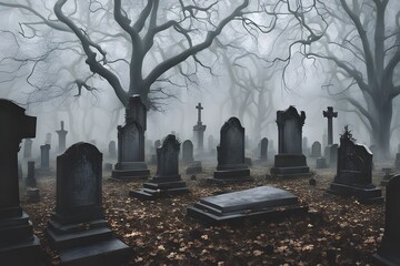 A creepy fog covered graveyard with old cracked tombstones and skeletal hands, Ai Generated