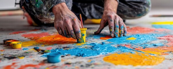 Creative hands apply vibrant paint on a colorful s, showcasing artistic expression and talent in a lively studio environment.