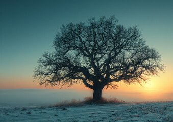 Lone Tree in Snowy Winter Sunset  

