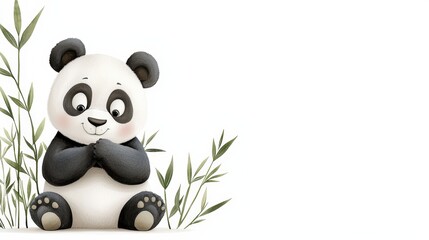 Fototapeta premium Cute cartoon panda sitting beside bamboo. Perfect for children's books and playful designs.