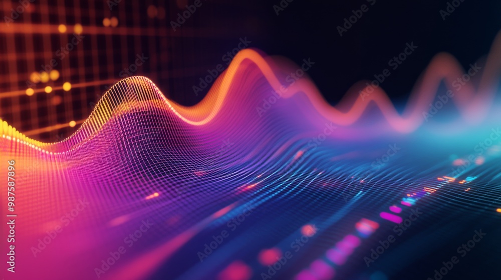 Poster a sleek 3d line graph in gradient colors, floating in a futuristic digital grid, symbolizing advance