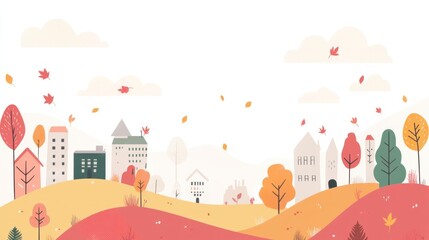 Simple illustration of autumn cityscape with buildings, hills, and trees in minimal geometric flat style, great for a banner.