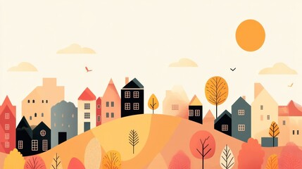 Fototapeta premium Simple illustration of autumn cityscape with buildings, hills, and trees in minimal geometric style, perfect for a banner.