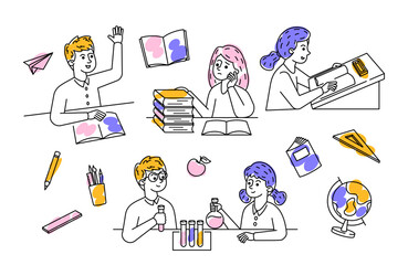Colorful Doodle Showcasing Student Characters In Different Educational Activities And School Supplies