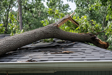 A roof that has a large broken tree branch that has fallen onto it after a natural disaster or storm, showing damage to the shingles and structure