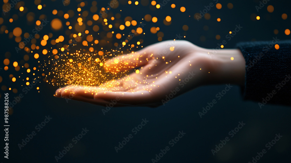 Poster a human hand interacts with floating golden particles, creating magical effect